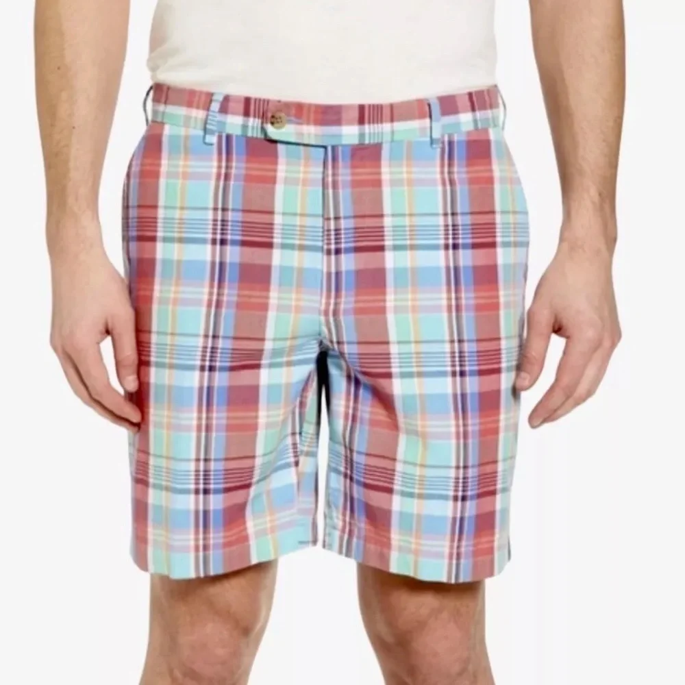 Peter Millar Seaside Collection Plaid Shorts Mens Size 36 Pink Blue Linen Blend